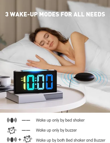 Vista 9 de Vibrating Alarm Clock for Heavy Sleepers with Bed Shaker, 3 Wake-Up Modes 110dB Loud Alarm for Hearing Impaired, 7.5-Inch RGB Display, 7 Color 8