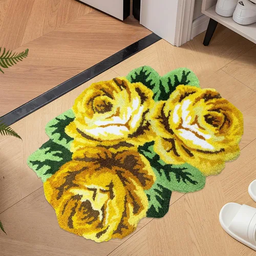 Vista 30 de Alfombrilla Abreeze con 4 rosas, alfombrillas con diseño de flores azul, hecha a mano, antideslizante (no se desliza), alfombrilla moderna, de puede