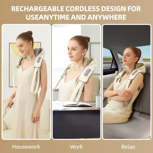 Vista 7 de Masajeador Shiatsu inalámbrico de cuello y hombros con calor - Masaje de amasamiento 6D, alivio del dolor de tejido profundo para trapecio, Beige-PVC