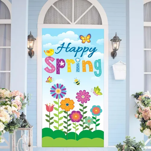 Vista 5 de Whaline Decoración de cubierta de puerta con texto en inglés «Hello Spring» con diseño floral de primavera para puertas delanteras, pancarta