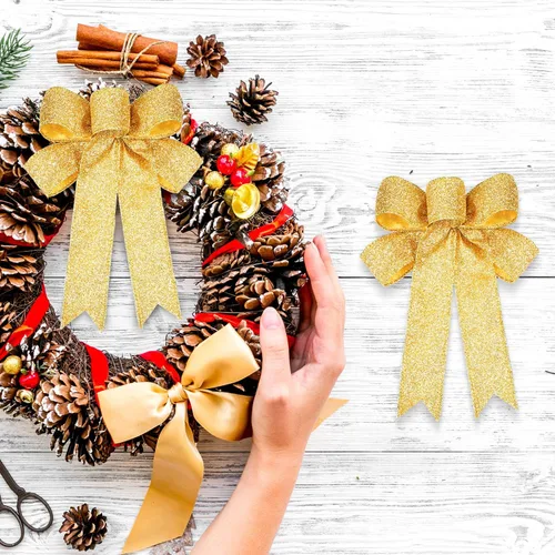 Vista 7 de WILLBOND 9 lazos dorados de Navidad con purpurina para decoración de fiestas de Navidad
