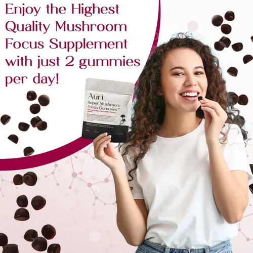 Vista 7 de Auri Nutrition Super Mushroom Focus Gummies con melena de león, Alpha GPC y Rhodiola - Suplemento de hongos para apoyar la función cognitiva