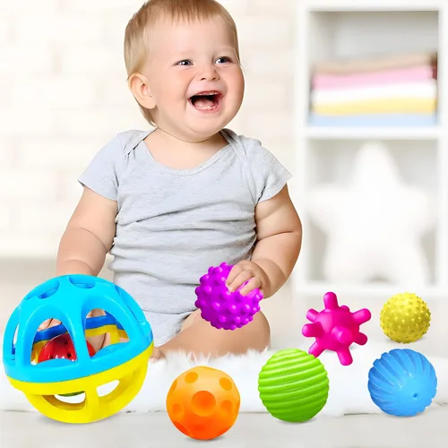 Vista 8 de Pelotas sensoriales, juguetes Montessori con sonajero de bebé de 3 a 6 meses 6 Multiple Textured Stress Balls with Blue Rattle, Bright