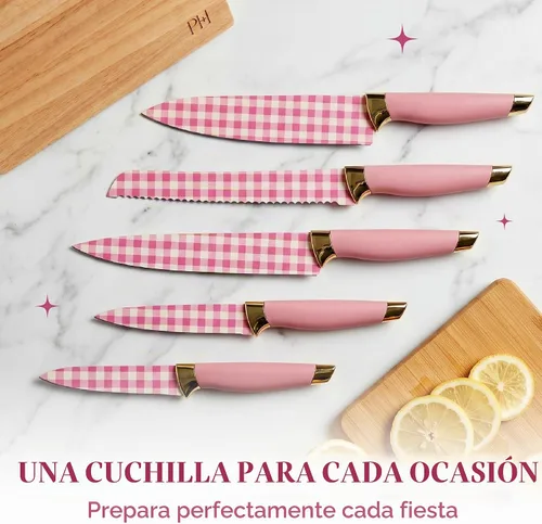 Vista 7 de Paris Hilton Juego de cuchillos con bloque magnético, cuchillas de acero inoxidable con diseño de guinga, elegantes asas ergonómicas con detalles