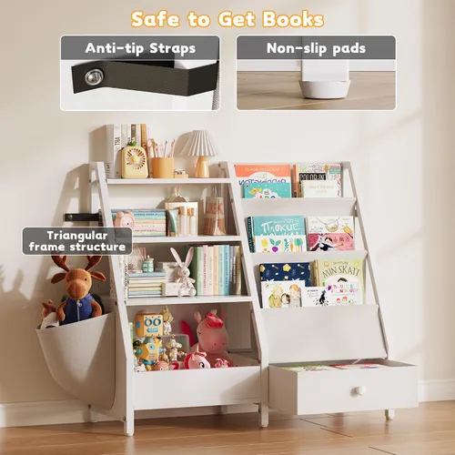 Vista 6 de Estantería infantil y organizador de almacenamiento de juguetes, estantería Montessori de 3 niveles para bebés y niños pequeños con bolsillos