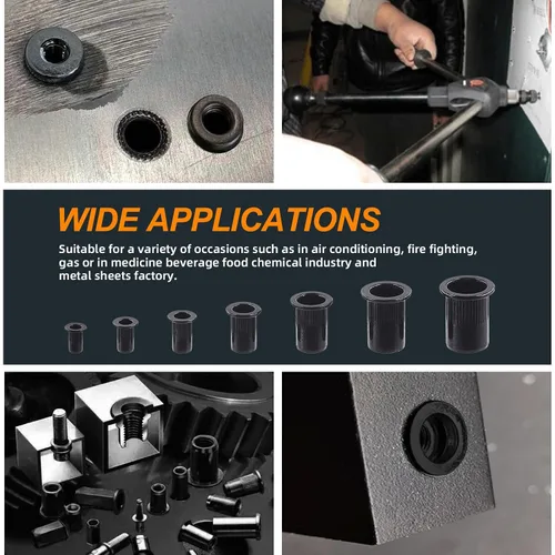 Vista 7 de 100 tuercas de remache M6 de acero al carbono negro chapado en zinc tuercas de remache moleteadas cabeza plana remaches roscados tuercas de inserción