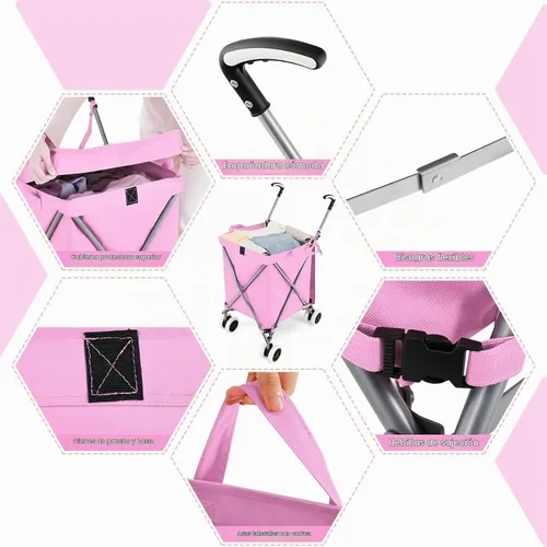 Vista 6 de GOFLAME Carrito de compras plegable con ruedas, carrito de comestibles impermeable con cubierta extraíble y ruedas giratorias de 360°, carrito Rosa