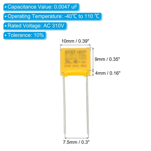 Vista 2 de PATIKIL Condensadores de seguridad, paquete de 10 unidades 0.0047uF AC 310V 0.295 in Pin Pitch 0.394x0.354x0.157 in polipropileno Film Capacitor