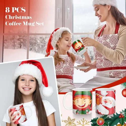 Vista 5 de Nuogo Paquete de 8 tazas de café de Navidad de cerámica, tazas de cerámica apilables para fiesta de vacaciones, tazas de cerámica para regalo