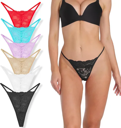 Vista 13 de T Back Sexy Low Rise Elástico Invisible Patrones Encaje Algodón Mujeres Tangas Pack Tangas de cinturón de 10