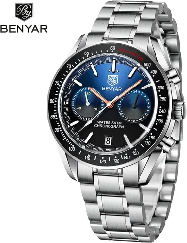 Vista 2 de BY BENYAR - Reloj analógico de cuarzo con cronógrafo para hombre, reloj de pulsera de acero inoxidable con fecha automática de 164.0ft, correa
