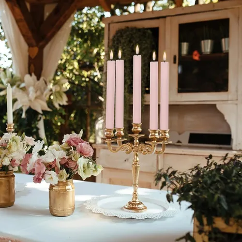 Vista 5 de Velas cónicas parpadeantes sin llama rosadas que funcionan con pilas con control remoto de 10 teclas y temporizador, paquete de 6 velas LED de cera