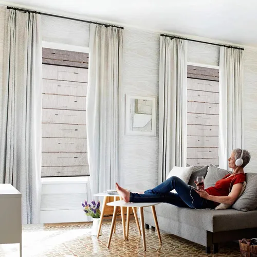 Vista 3 de Persianas romanas de bambú con cenefa, varillas de lino, inalámbricas, opacas, personalizadas, opacas, para oscurecer la habitación, persianas