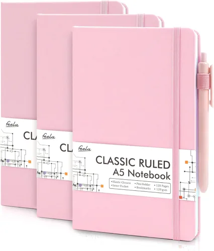 Vista 25 de feela Paquete de 3 Cuadernos Diarios a Granel, Cuaderno de Tapa Dura Clásico con Rayas Rayado Diarios con Soporte para Bolígrafo para Mujeres Niñas