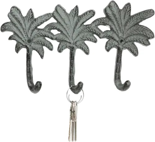 Vista 2 de Ebros Gift Paquete de 2 figuras de hierro fundido Verdigris Tropical Paradise Beach, 3 palmeras de coco, 3 clavijas, ganchos de pared triples