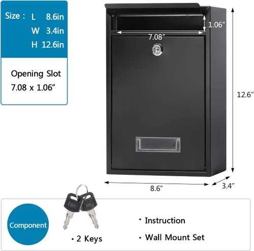 Vista 4 de Buzón con cerradura de llave, buzones de bloqueo montados en la pared, caja de bloqueo de caída de pequeña capacidad para exteriores, color negro