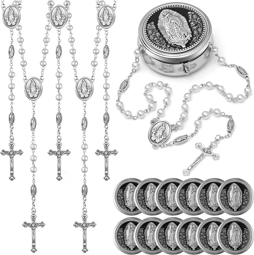 Vista 7 de Jadive Collar de rosario católico de 0.236 in, collar de perlas de cristal con caja de regalo de metal para mujeres y hombres, regalo de oración