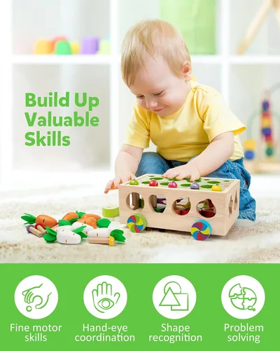Vista 3 de Coogam Montessori - Juguetes de motricidad fina para bebé pequeño, clasificador de formas de madera, juego de cosecha de zanahorias para relleno