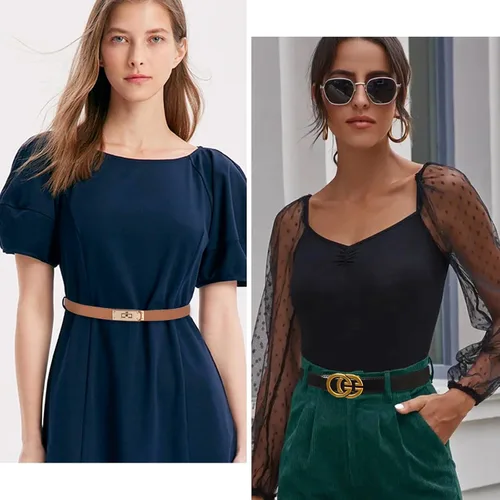 Vista 215 de Cinturón de cuero clásico con hebilla de metal para mujer con vestido de jeans