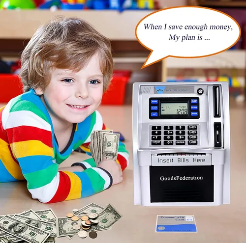 Vista 5 de Alcancía estilo cajero automático para dinero real para niños y adultos, alcancía de juguete con tarjeta, contraseña, reconocimiento de monedas