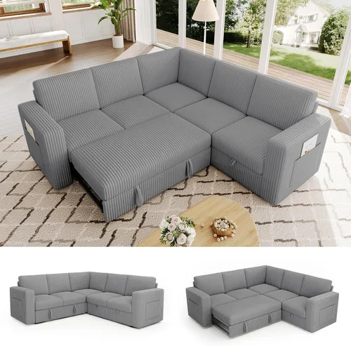 Vista 14 de Sofá modular de 85 pulgadas con cama extraíble, sofá modular de 5 asientos en forma de L con almacenamiento, sofás seccionales para sala de estar