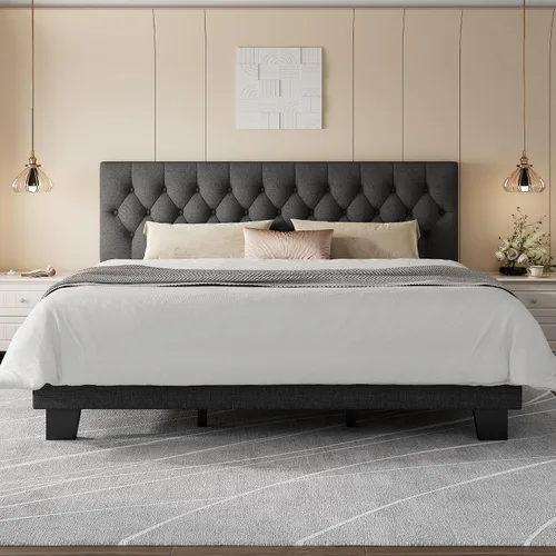 Vista 12 de Feonase Marco de cama de plataforma twin con cabecera capitoné con botones, cama tapizada de lino con soporte de listones de madera, no necesita