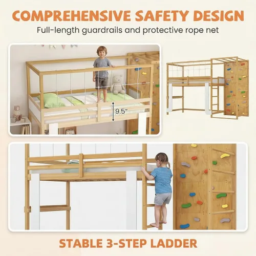 Vista 13 de KOMFOTT Twin Bunk Bed with Jungle Gym, Kids Loft Bed with Rock Wall,Natural