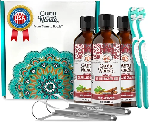 Vista 13 de GuruNanda Enjuague bucal de tamaño de viaje con aceite de canela, promueve la calma, con neem y ashwagandha para un aliento fresco y encías felices