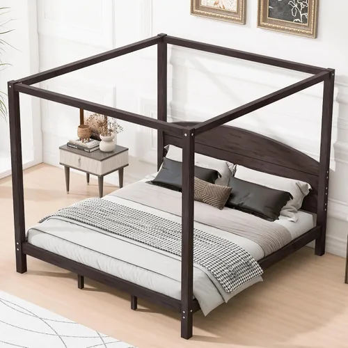 Vista 9 de Linique Cama de plataforma tamaño King con cabecera y patas de soporte, marco de cama King de madera con cuatro pósteres, no requiere somier, gris