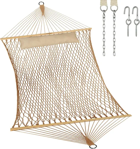 Vista 10 de JoyView Hamaca doble de cuerda tradicional, hamaca de algodón tejida a mano con barra separadora de madera dura y almohada, capacidad de 450 libras