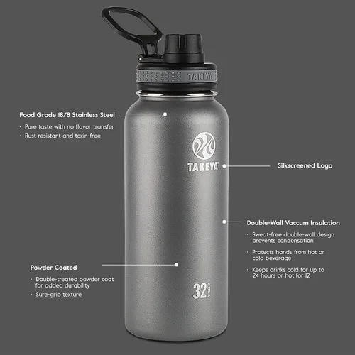 Vista 4 de Takeya Originals - Botella de agua de acero inoxidable con aislamiento al vacío de 18 onzas con tapa de boquilla, negra