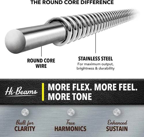 Vista 4 de DR Strings HI-BEAMS – Cuerdas de bajo de acero inoxidable de 5 cuerdas, 45-125, núcleo redondo (MR5-45)