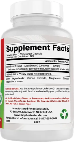 Vista 6 de Best Naturals Manejo del estrés de la albahaca sagrada 500 mg 120 cápsulas vegetales