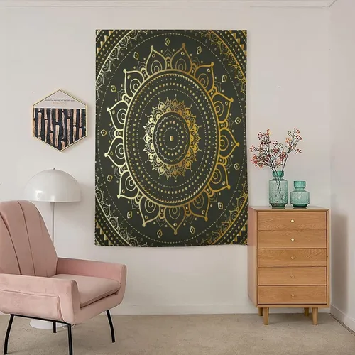 Vista 3 de XISUNYA Anywhere - Cortina opaca portátil, cortinas opacas para puerta de mandala doradas, diseño de figuras tribales circulares, cortinas opacas