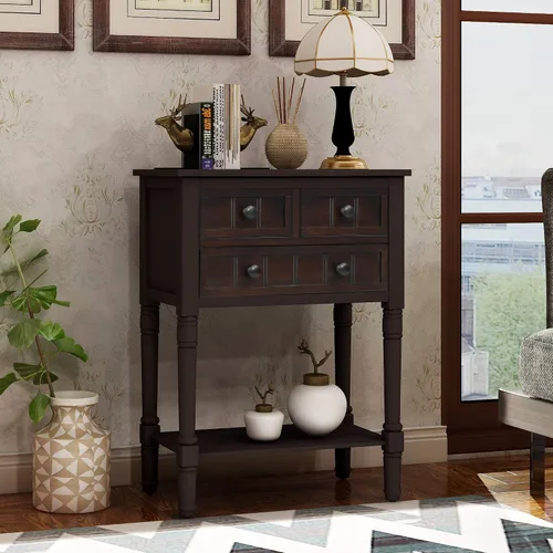 Vista 11 de P PURLOVE Mesa consola estrecha antigua, mesa de entrada delgada para sofá con 3 cajones de almacenamiento para sala de estar, entrada Beige