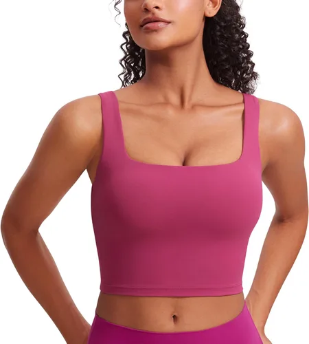 Vista 15 de CRZ YOGA Butterluxe Square Neck Crop Tank Top Brasier integrado, soporte ligero, almohadillas extraíbles, yoga, extremadamente suave, tirantes