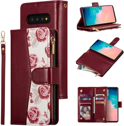 Vista 11 de UEEBAI Funda tipo cartera para Samsung Galaxy S10 Plus, Cartera de piel sintética con cierre magnético, funda de bolsillo con cremallera, ranuras