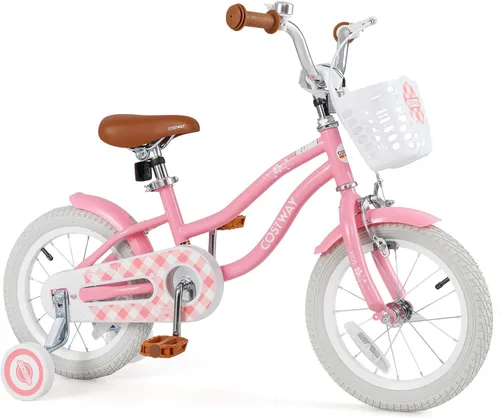 Vista 32 de COSTWAY Bicicleta para niños de 12, 14, 16, 18 pulgadas, bicicleta para niños con ruedas de entrenamiento, frenos de mano y posavasos, sillín