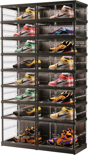 Vista 9 de EHAMILY - Organizador y almacenamiento de zapatos de 3 niveles, 6-12 pares, plegable, para armario, cajas de zapatos apilables de plástico