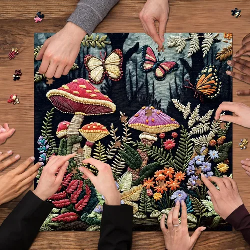 Vista 7 de Rompecabezas de jardín de hongos para adultos de 1000 piezas, rompecabezas de mariposa de hongos del bosque, rompecabezas de flores, naturaleza