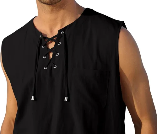 Vista 6 de KUYIGO Camisetas sin mangas de lino y algodón para hombre, estilo casual, con cordones, para playa, hippie