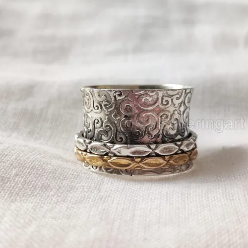 Vista 6 de Natural Opal Spinner Band, October Birthstone, Meditation Ring, 925 Sterling Silver Ring, Spinning Ring, Two Tone Ring, Fidget Ring, Handmade