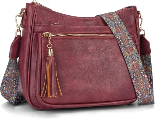 Vista 7 de Bolsos cruzados medianos para mujer, de cuero vegano, bolsos cruzados con múltiples bolsillos, bolsos de hombro con borla