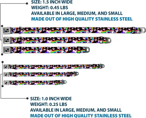Vista 3 de Buckle-Down Collar de perro con hebilla de cinturón de seguridad, unicornios/arco iris negro, 1 pulgada de ancho, se adapta a cuello de 9 a 15