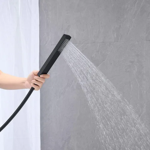 Vista 6 de Wowkk Grifo de bañera independiente Llenador de bañera Negro Montaje en el piso Grifos de baño Latón Manija única con ducha de mano