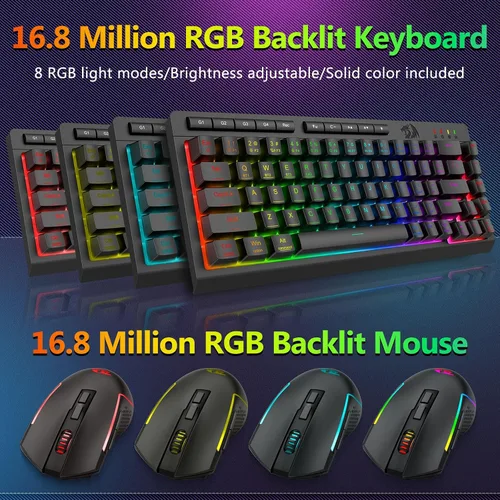 Vista 7 de Redragon Combo de teclado y mouse inalámbricos para juegos, Bluetooth/2.4G/USB-C con cable, retroiluminación RGB, teclado de membrana macro
