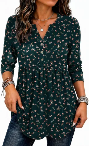 Vista 17 de Zeagoo Blusas de manga larga para mujer, estilo bohemio, cuello en V negro (Flower Black)