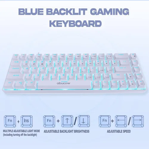 Vista 3 de abucow Teclado mecánico 65% para juegos, interruptor negro, teclado compacto con cable con luz de fondo azul, teclas blancas intercambiables