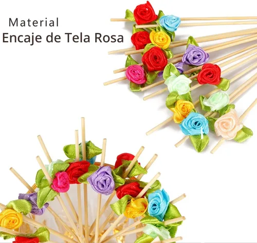 Vista 3 de Minisland Palillos de cóctel de flores de rosas multicolores, palillos de bambú de 4.7 pulgadas de largo para aperitivos, despedida de soltera