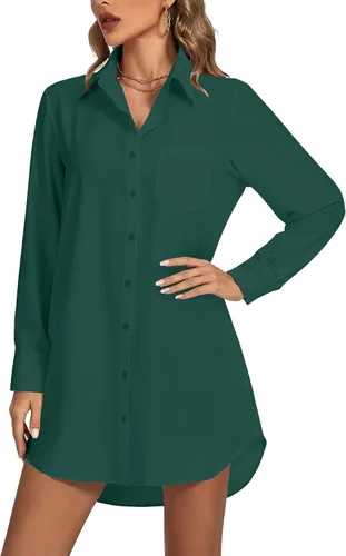 Vista 9 de LYANER Vestido camisero para mujer con cuello en V, botones, manga larga y dobladillo curvado
